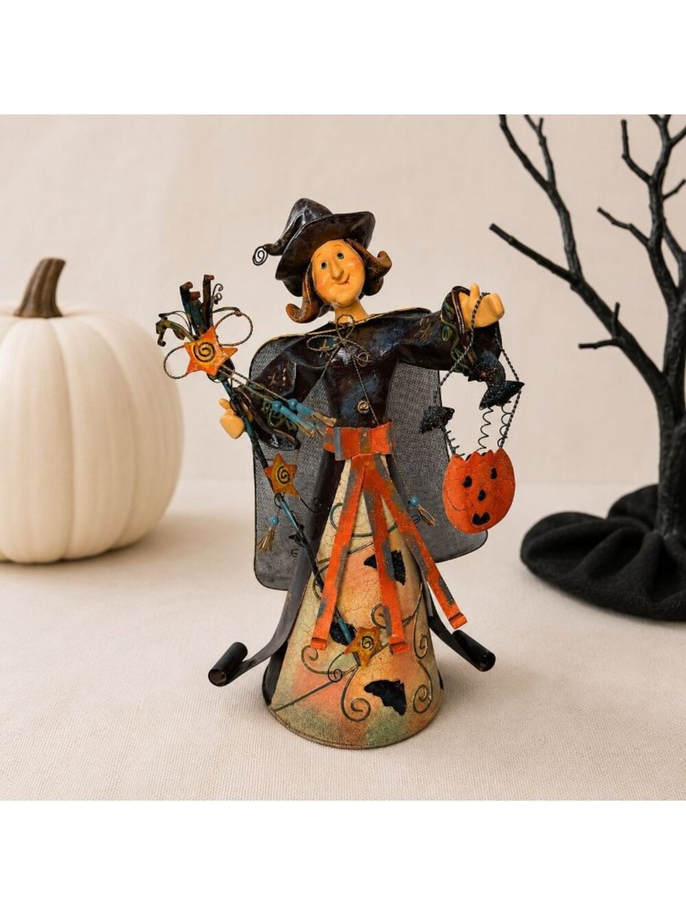 Pier One Halloween Witch Metal Folk Art Shelf Sitter VTG Trick Or Treat Decor